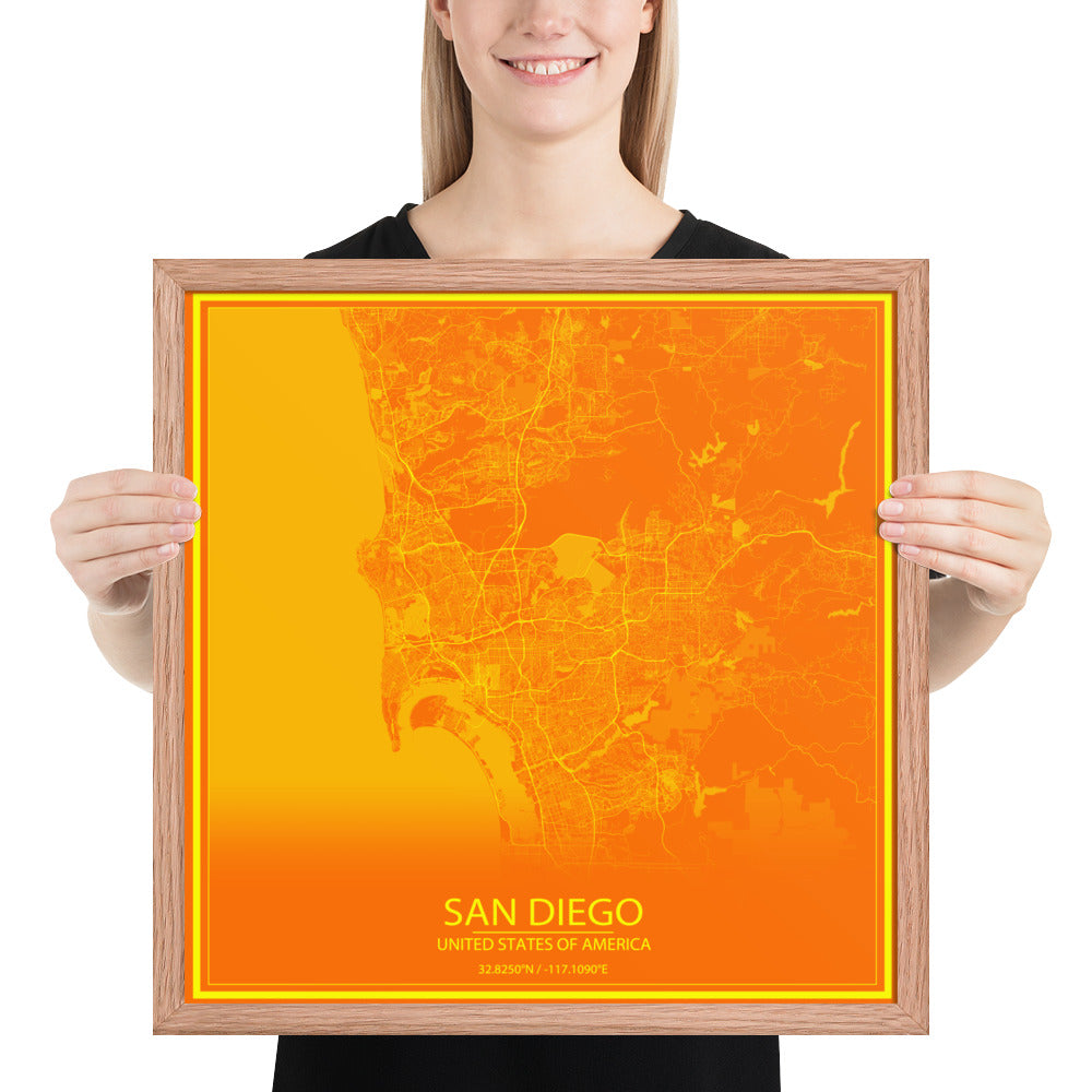 San Diego Orange and Yellow Framed Map