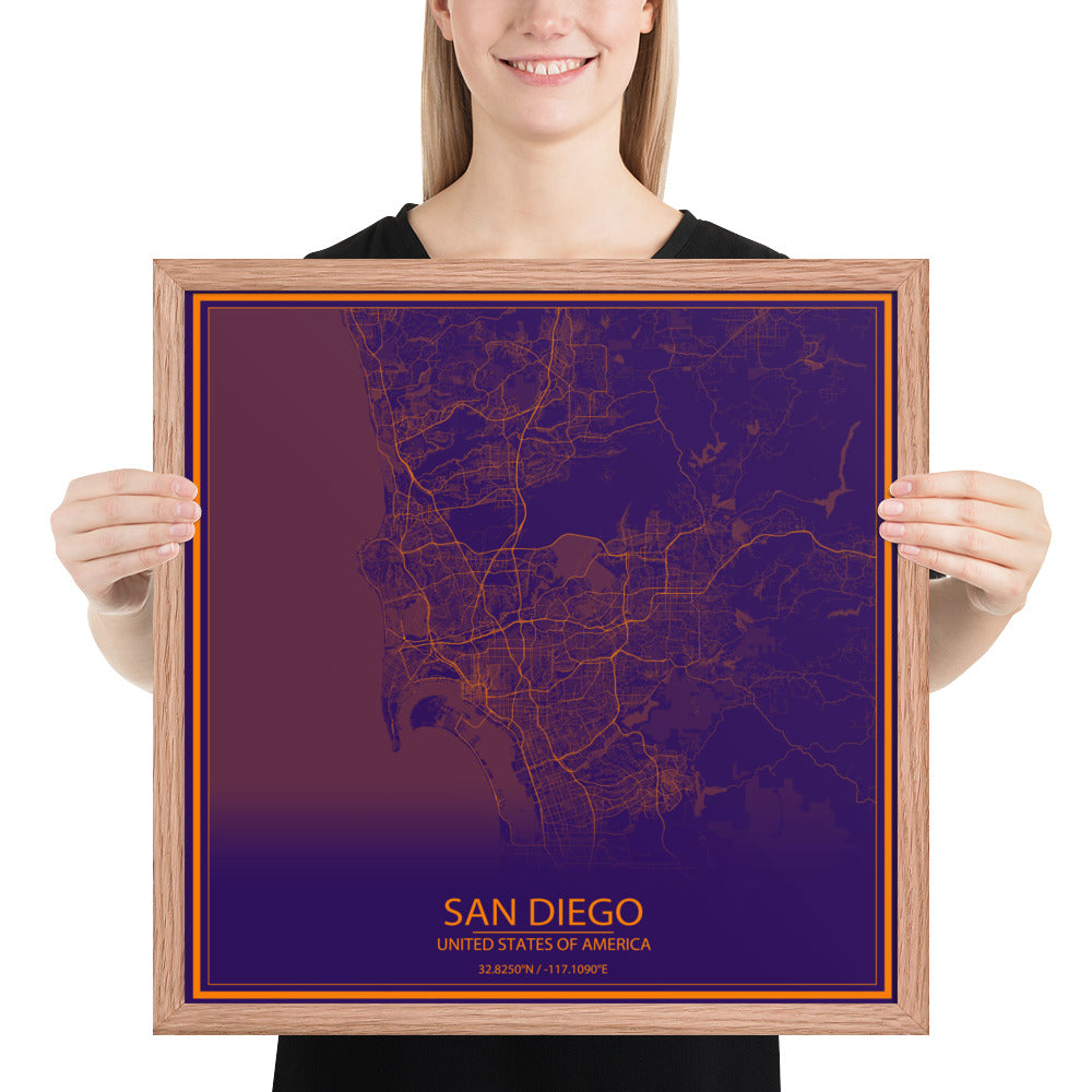 San Diego Purple and Orange Framed Map