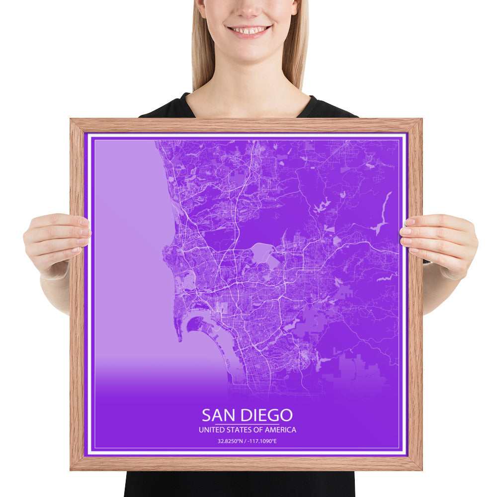 San Diego Purple and White Framed Map