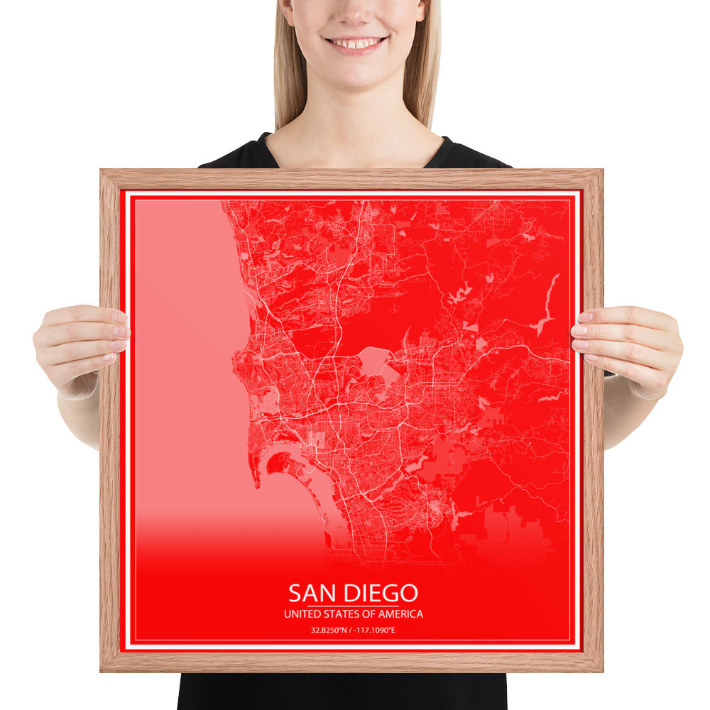 San Diego Red and White Framed Map