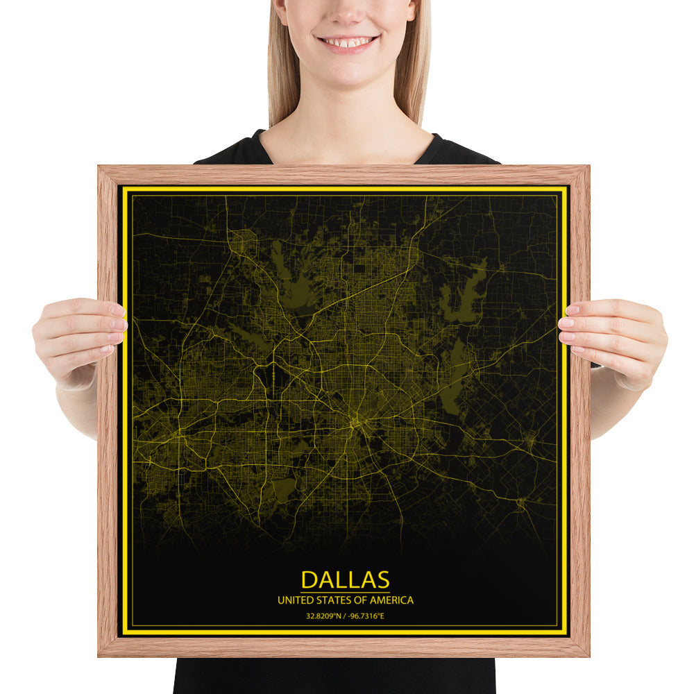 Dallas Black and Yellow Framed Map