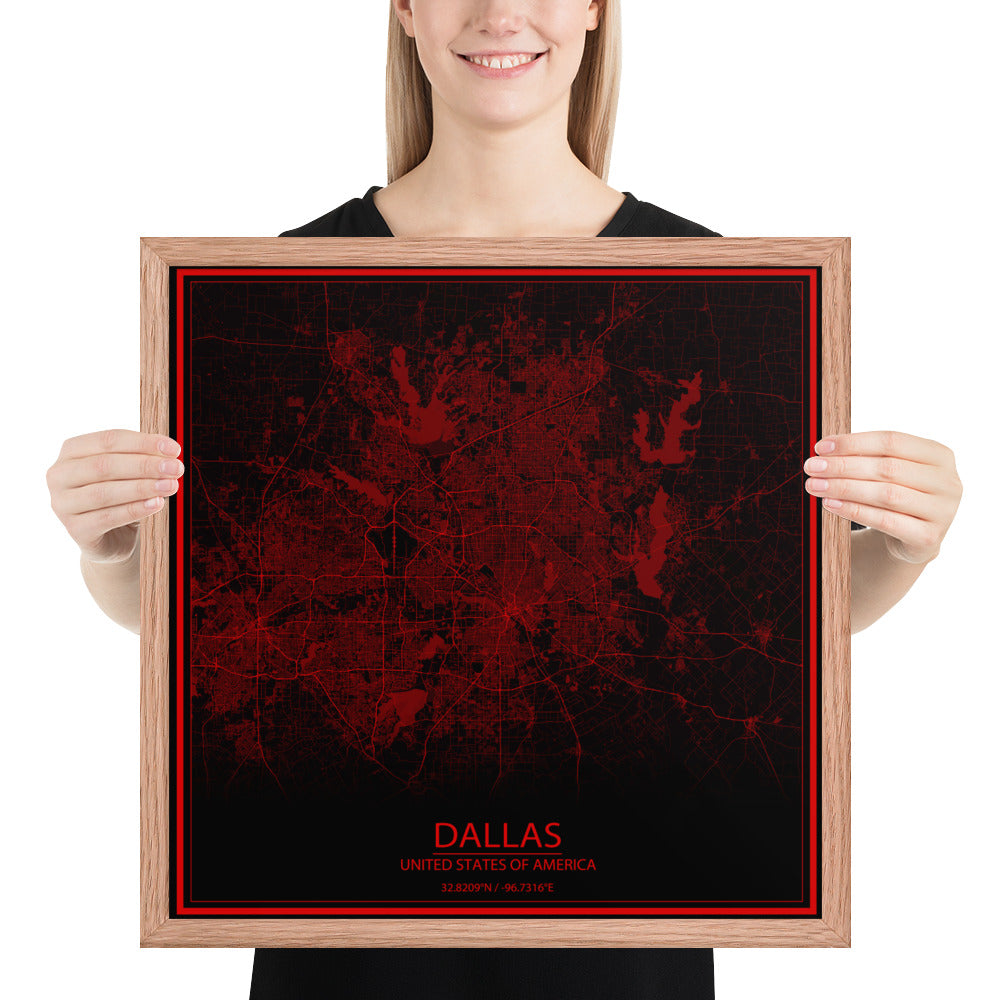 Dallas Black and Red Framed Map