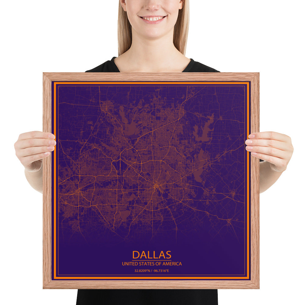 Dallas Purple and Orange Framed Map