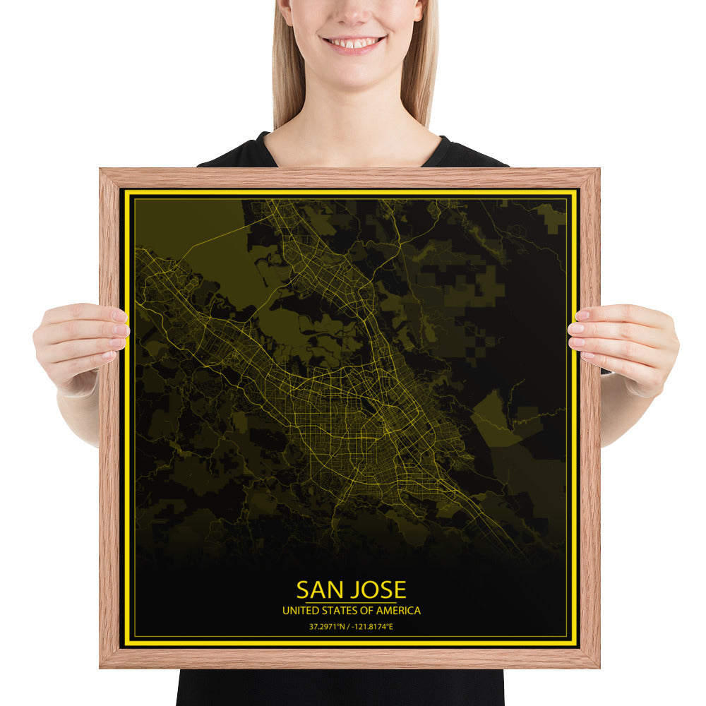 San Jose Black and Yellow Framed Map