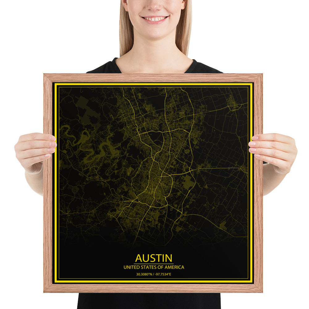 Austin Black and Yellow Framed Map