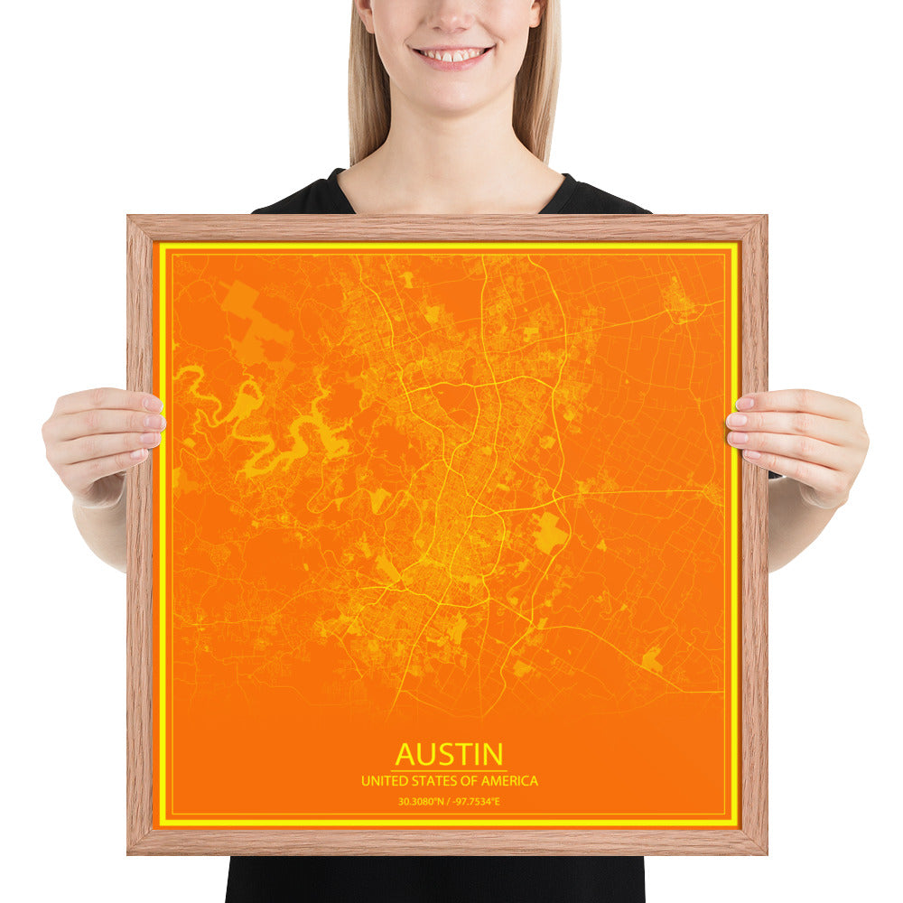 Austin Orange and Yellow Framed Map