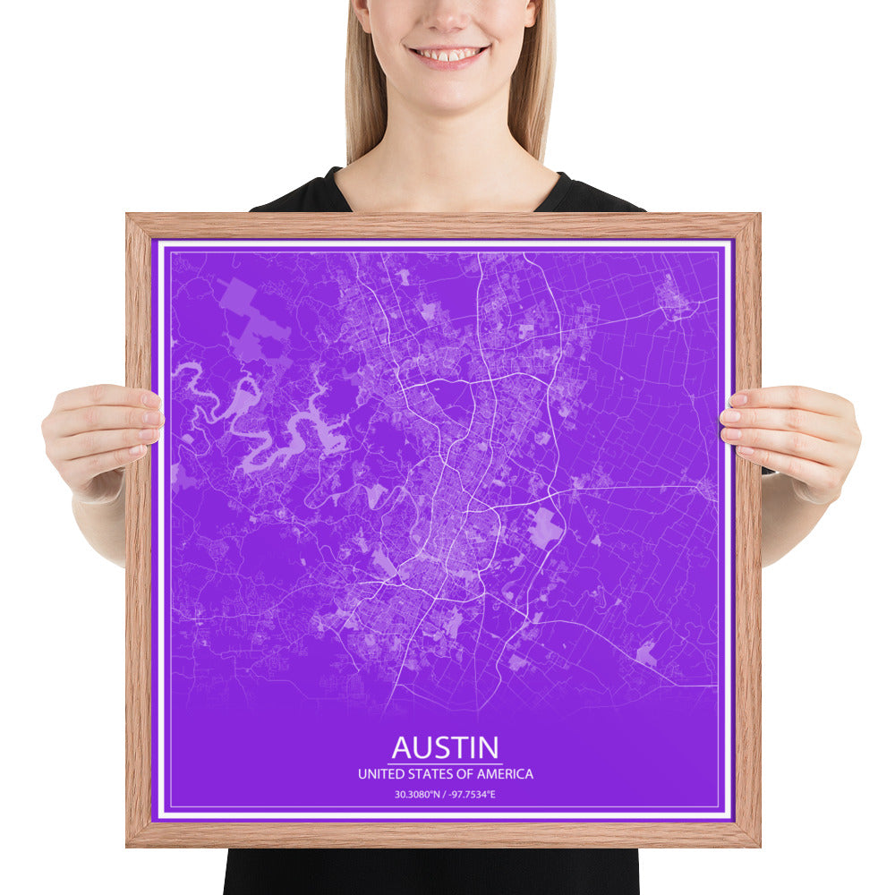 Austin Purple and White Framed Map