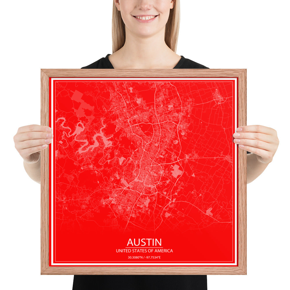 Austin Red and White Framed Map