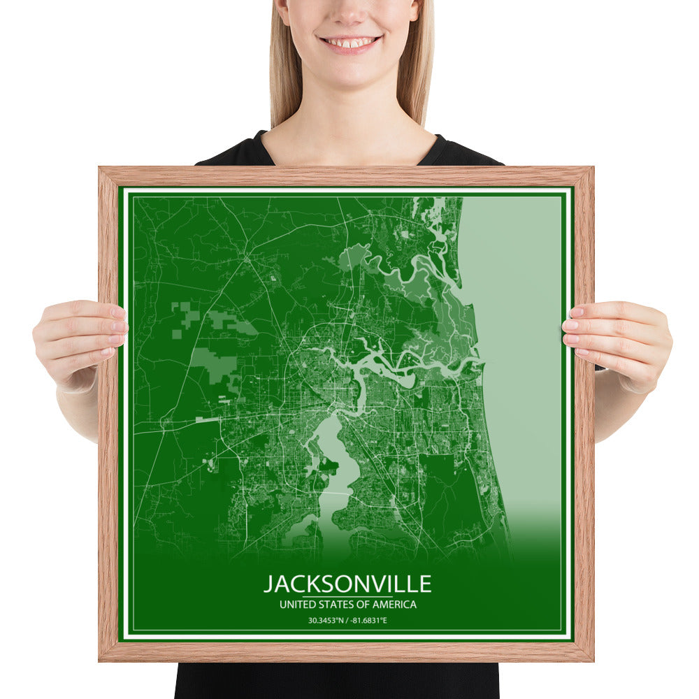 Jacksonville Green and White Framed Map