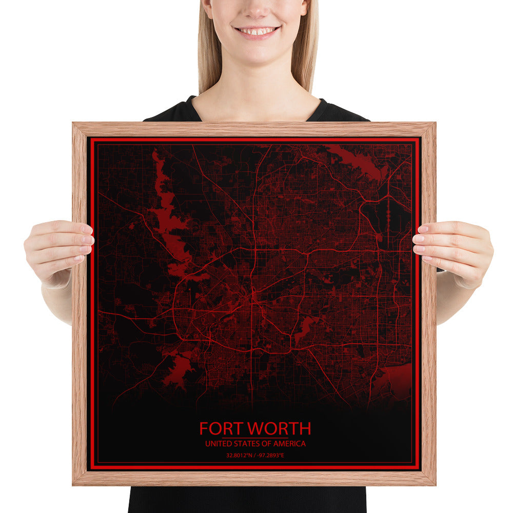 Fort Worth Black and Red Framed Map