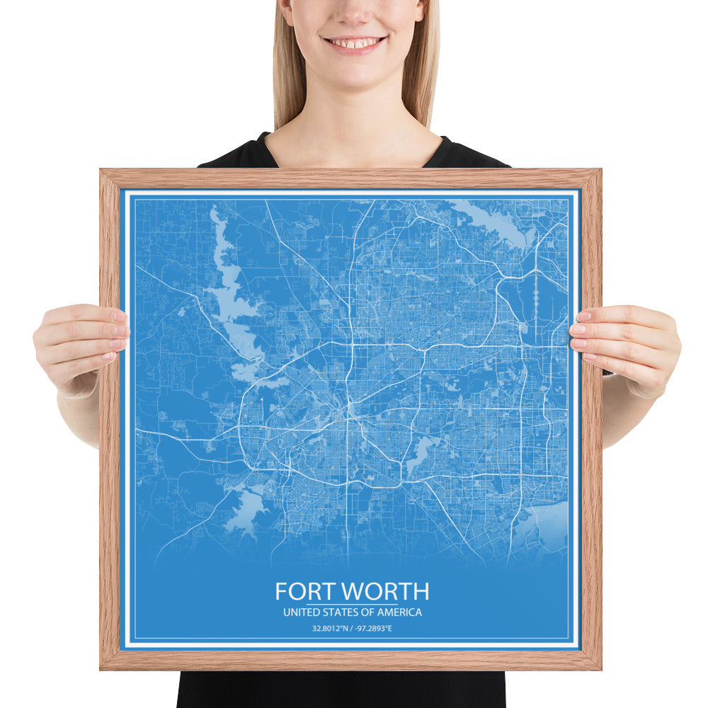 Fort Worth Blue and White Framed Map