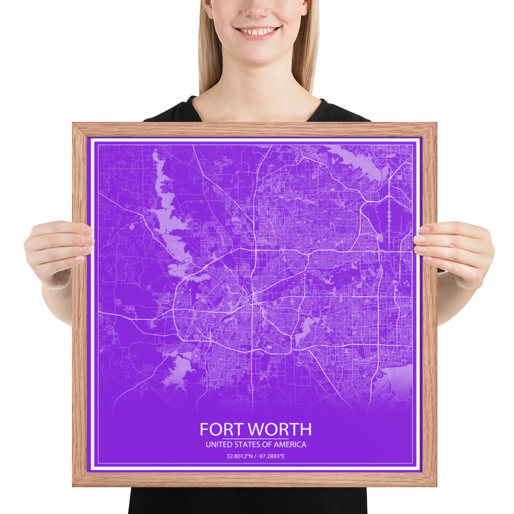 Fort Worth Purple and White Framed Map