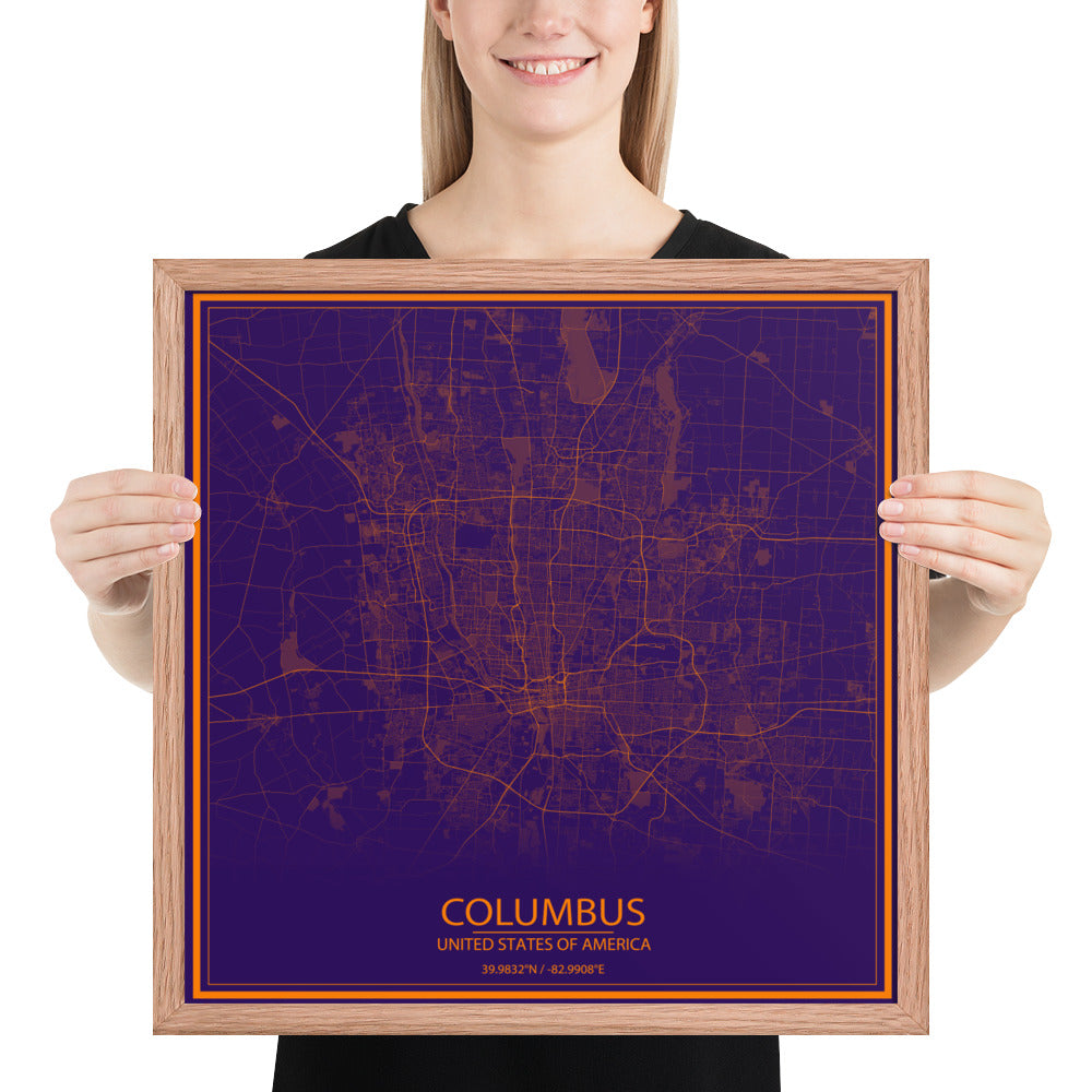 Columbus Purple and Orange Framed Map