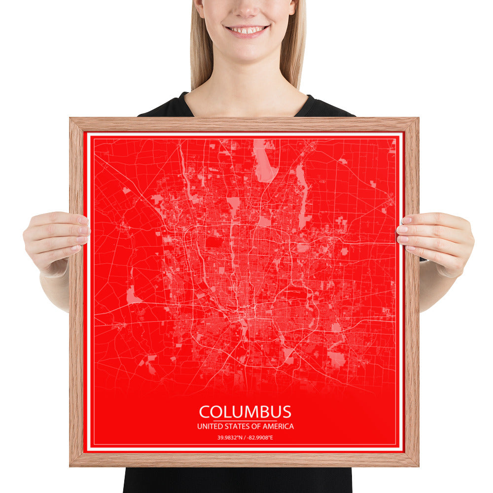 Columbus Red and White Framed Map