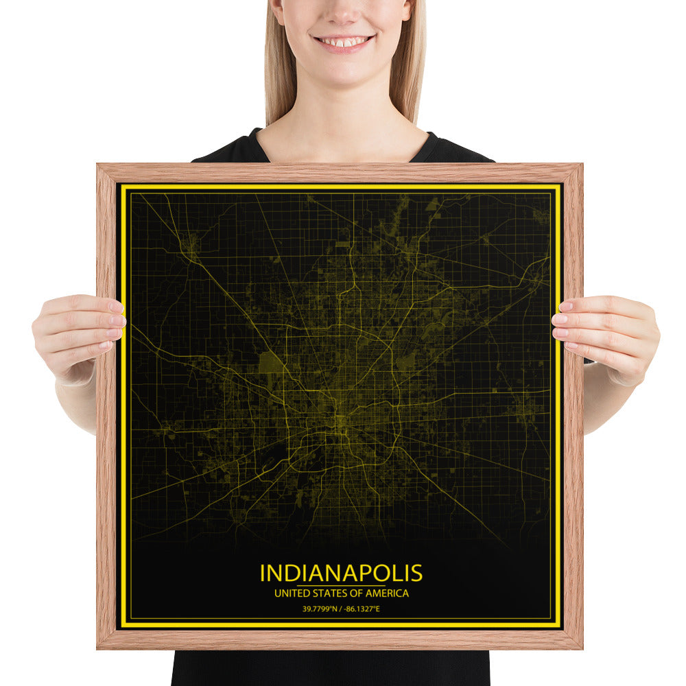 Indianapolis Black and Yellow Framed Map