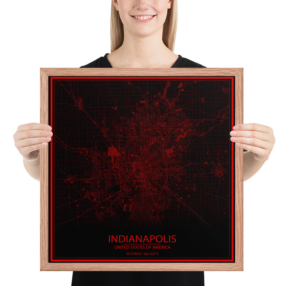 Indianapolis Black and Red Framed Map