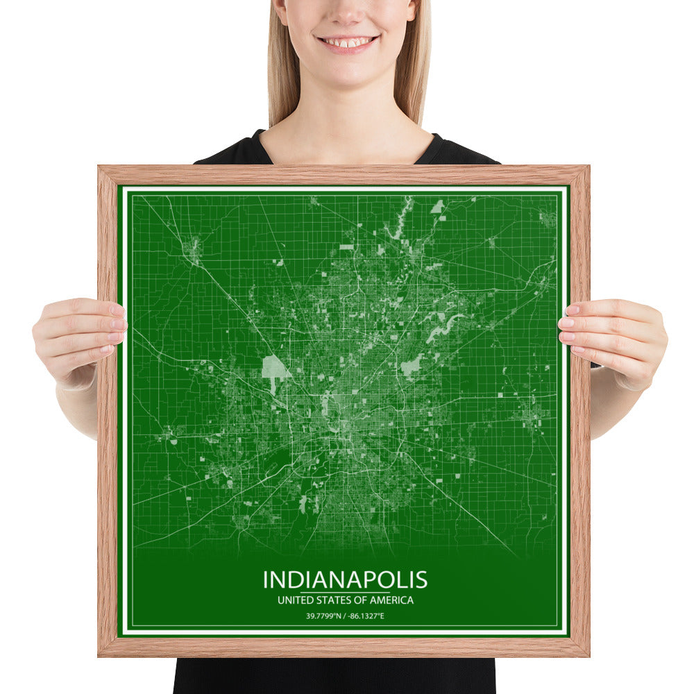 Indianapolis Green and White Framed Map