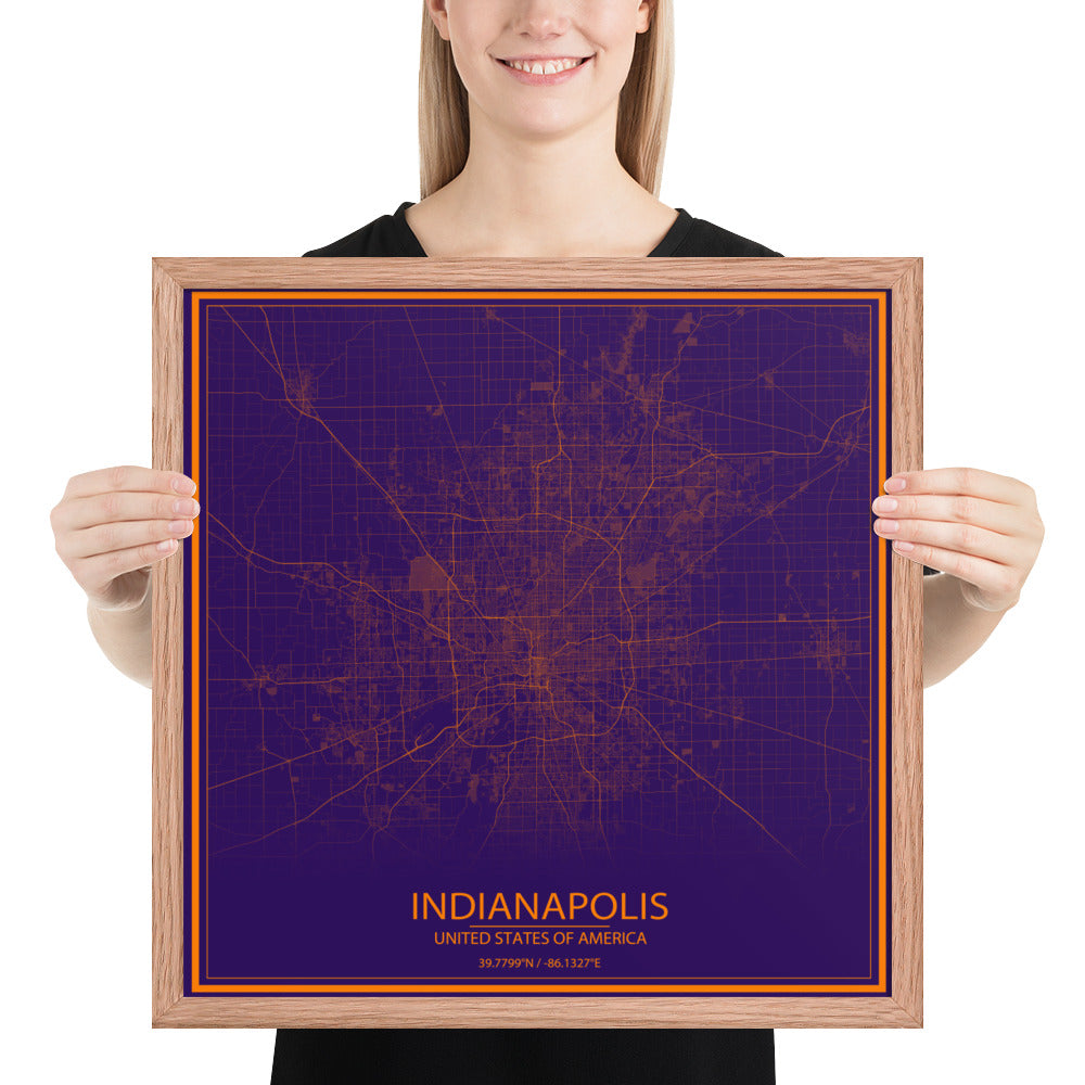 Indianapolis Purple and Orange Framed Map