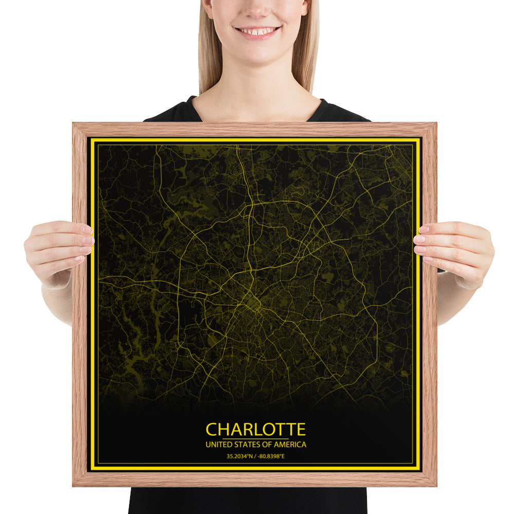 Charlotte Black and Yellow Framed Map