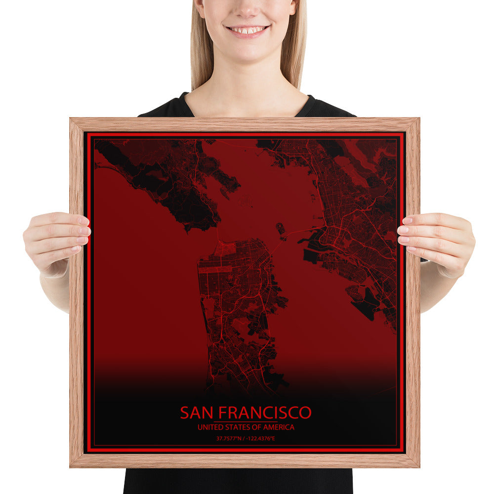 San Francisco Black and Red Framed Map