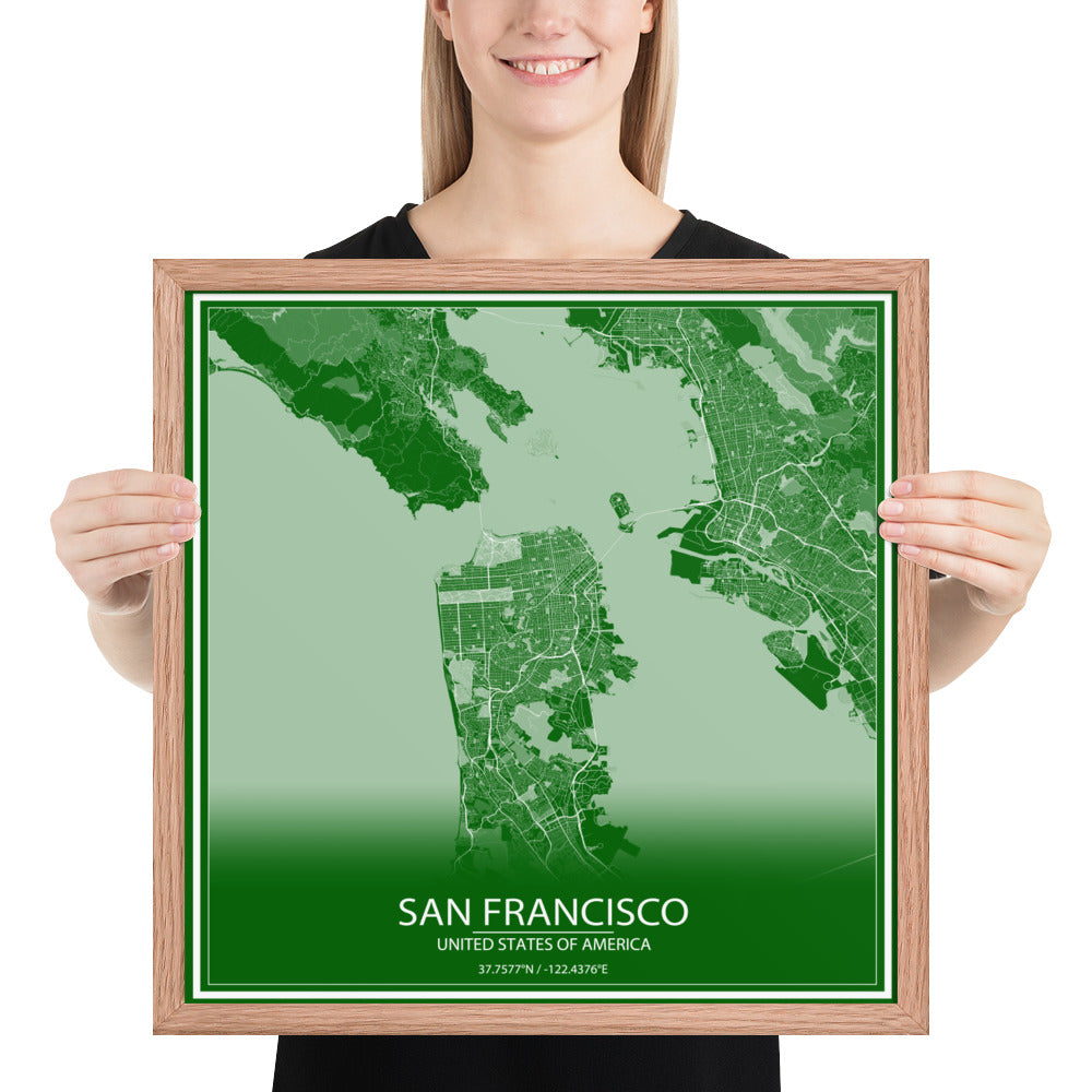 San Francisco Green and White Framed Map