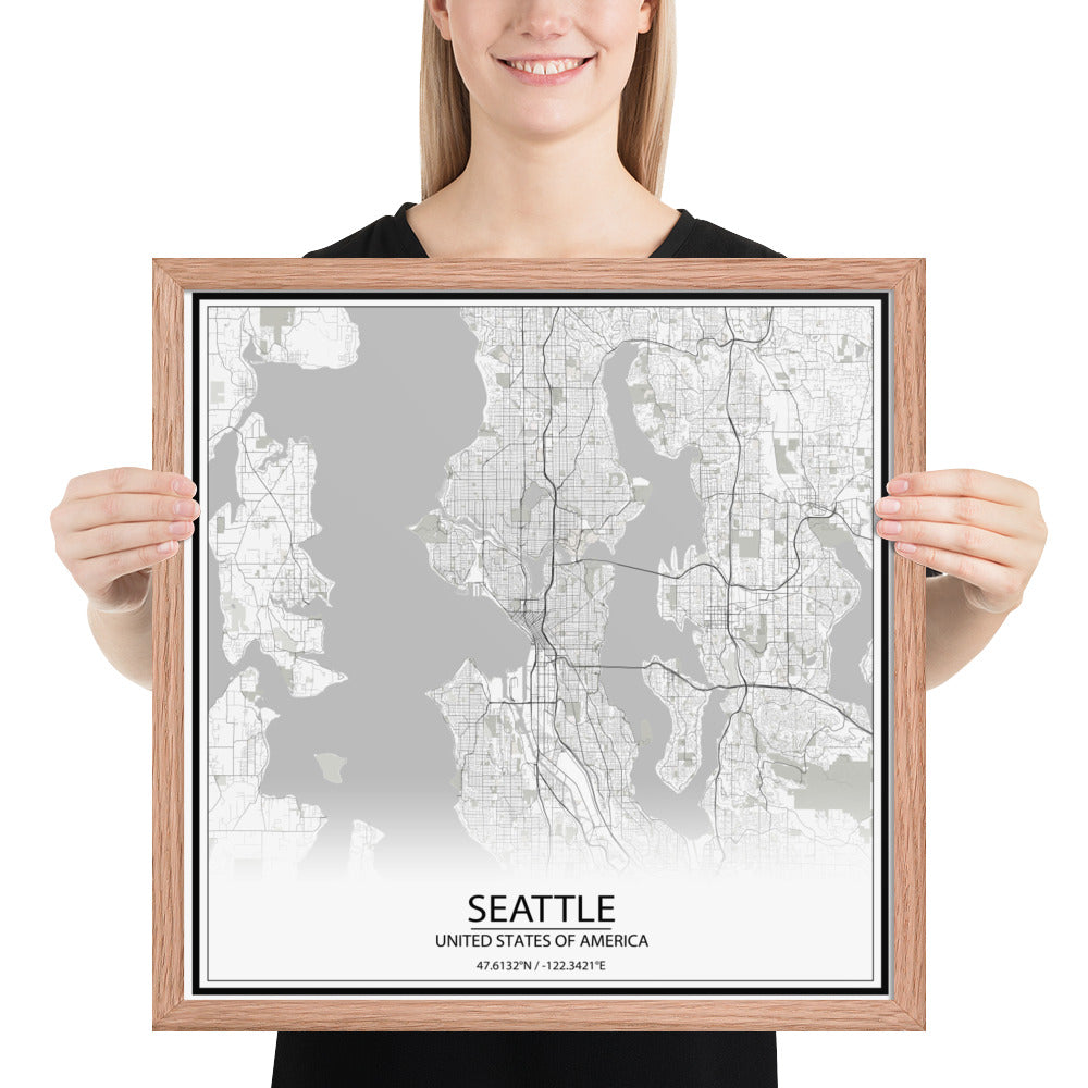 Seattle White Framed Map