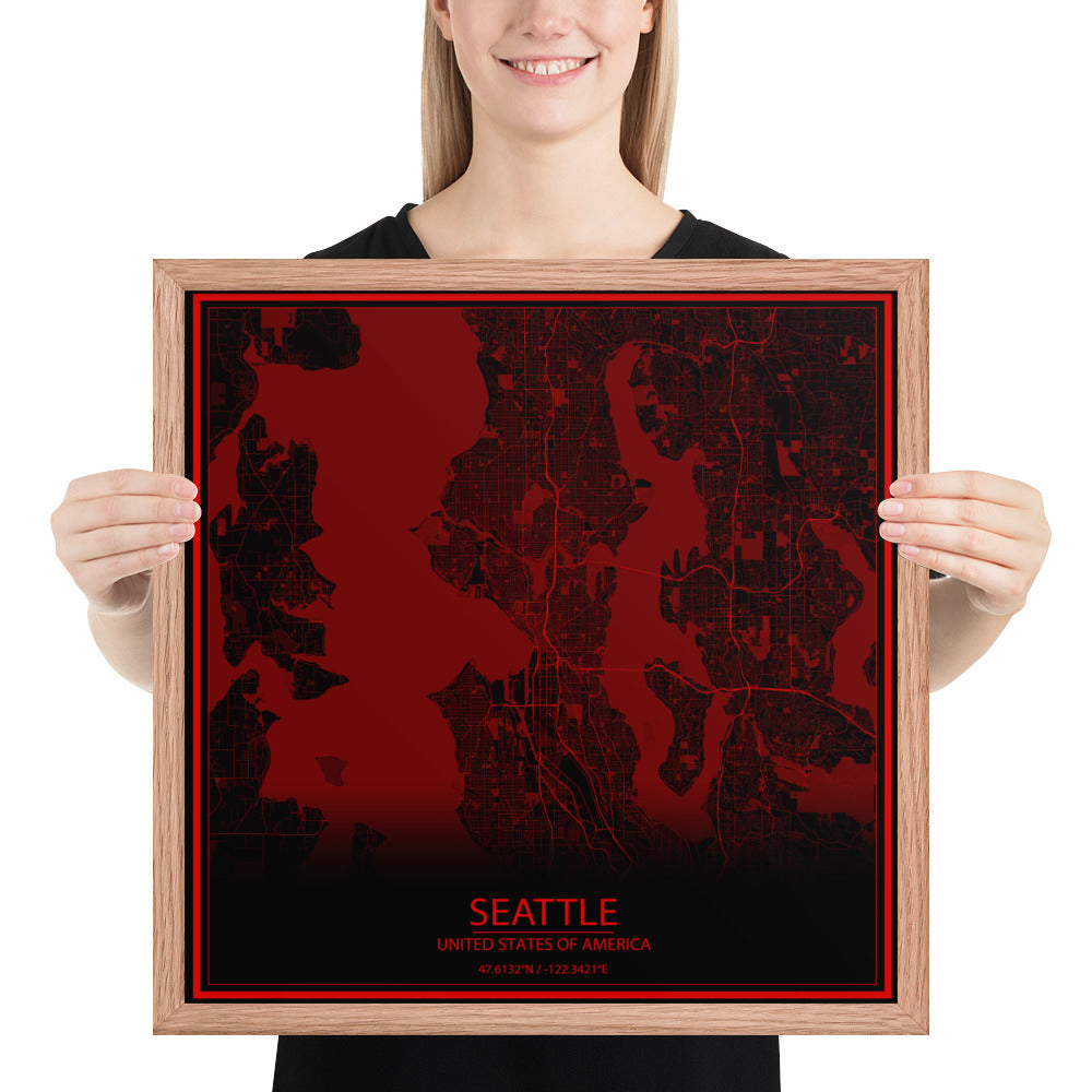 Seattle Black and Red Framed Map