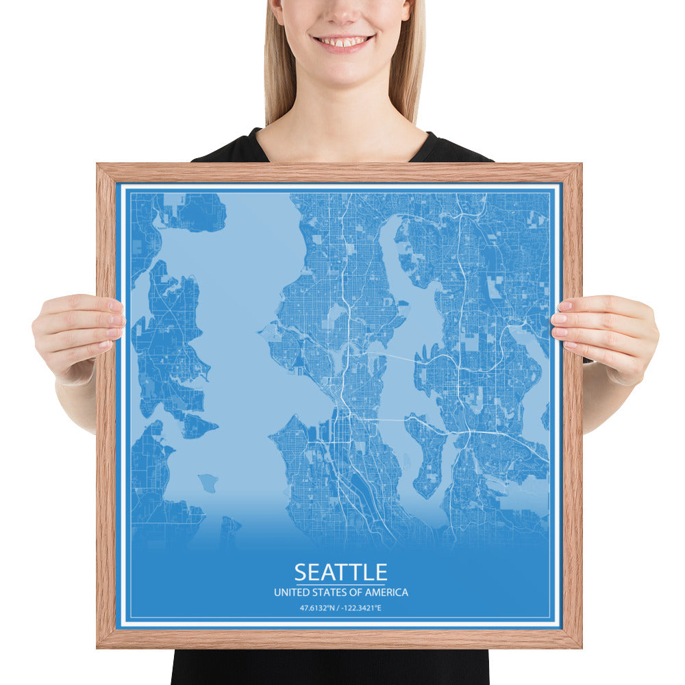 Seattle Blue and White Framed Map