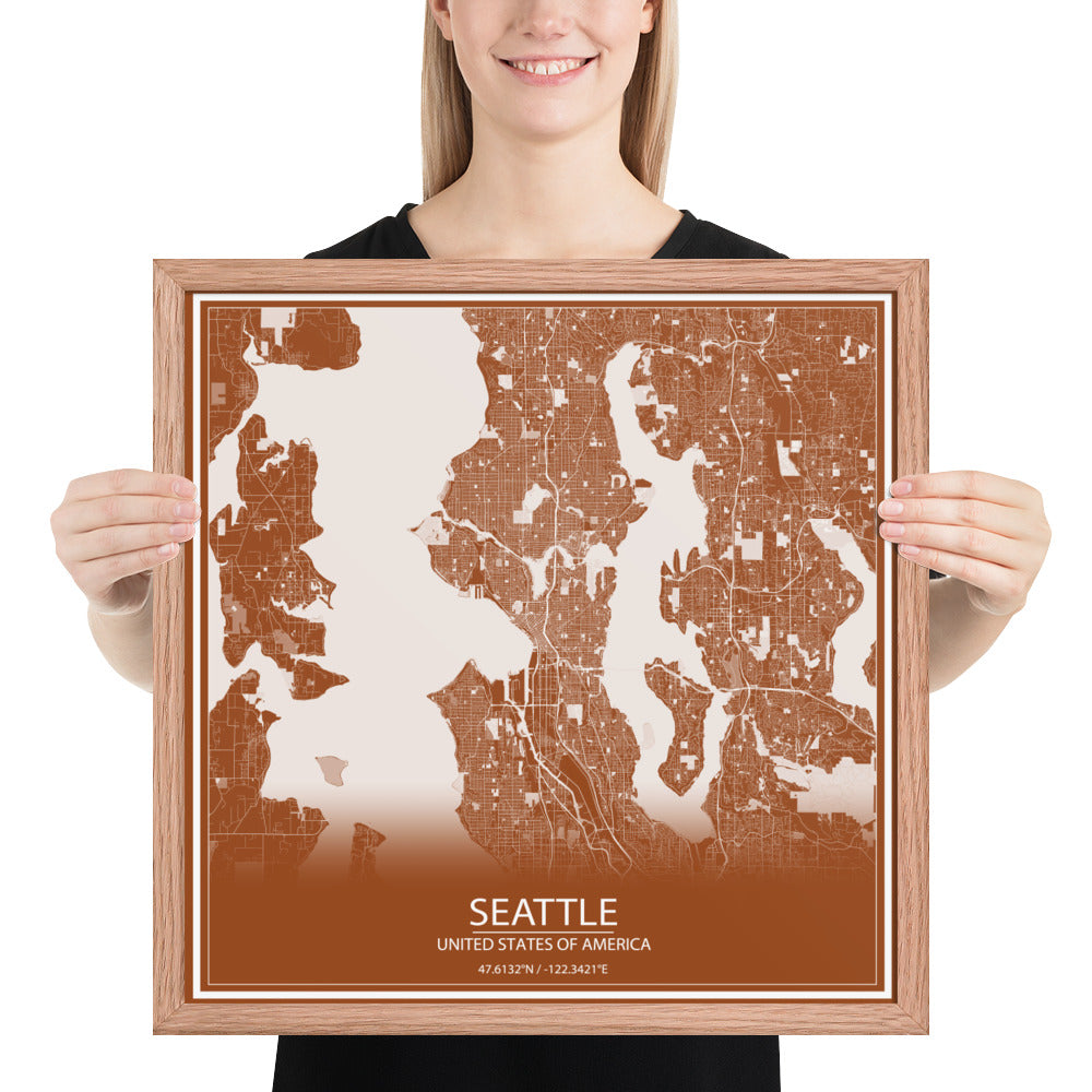 Seattle Brown and White Framed Map