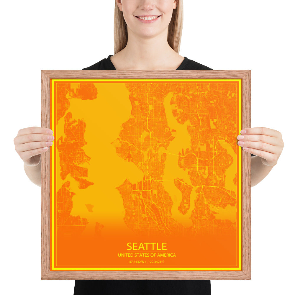 Seattle Orange and Yellow Framed Map