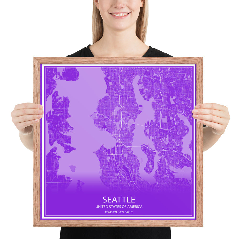 Seattle Purple and White Framed Map