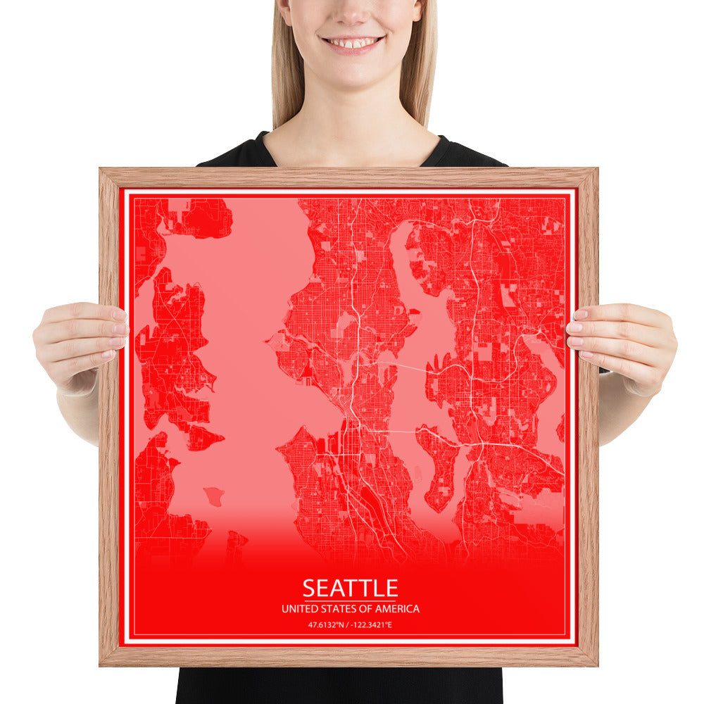 Seattle Red and White Framed Map