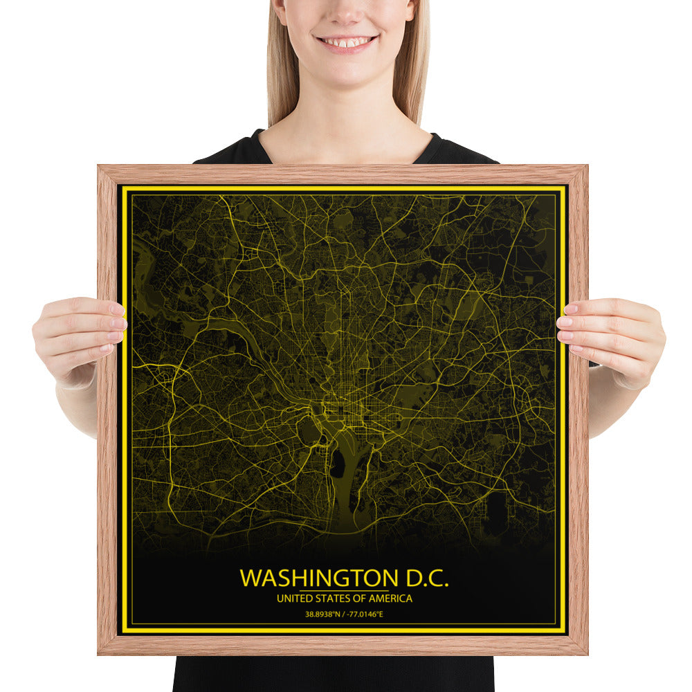 Washington, D.C. Black and Yellow Framed Map