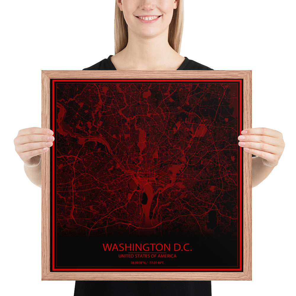 Washington, D.C. Black and Red Framed Map