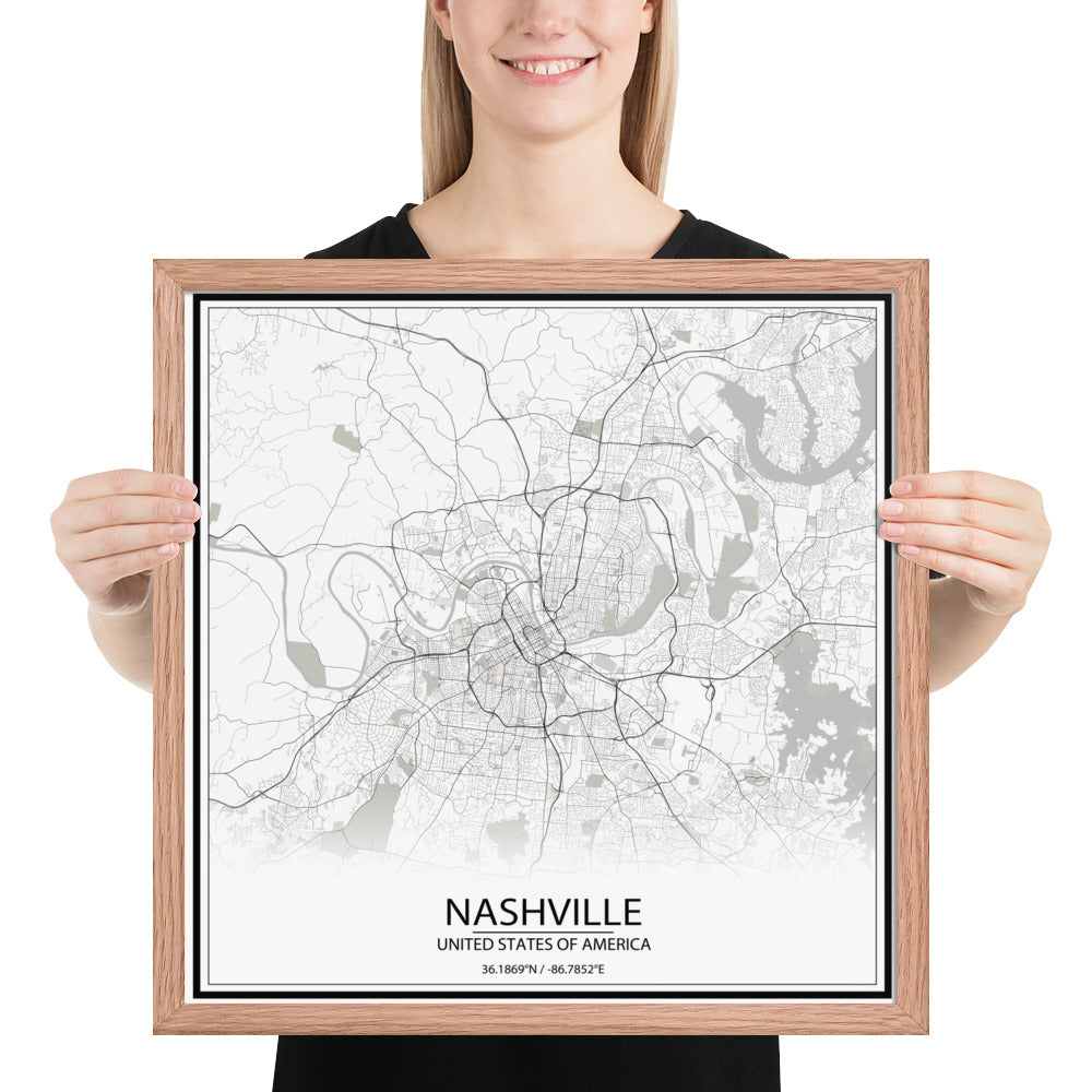 Nashville White Framed Map