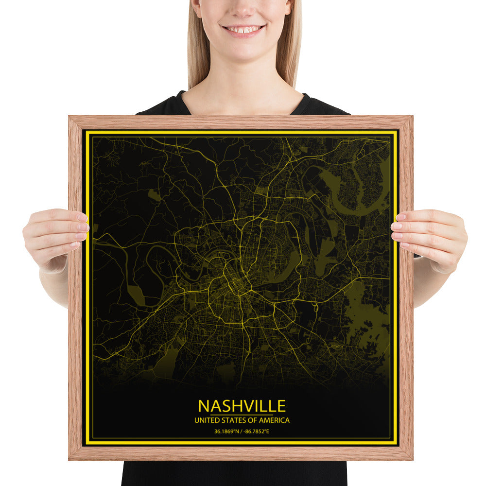 Nashville Black and Yellow Framed Map