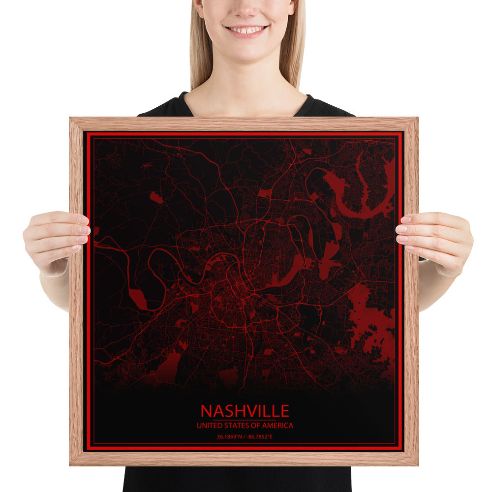 Nashville Black and Red Framed Map