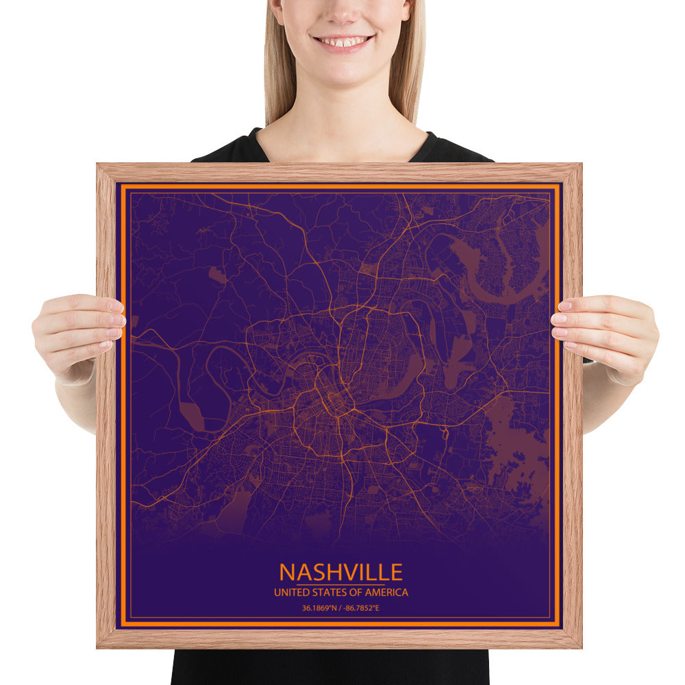 Nashville Purple and Orange Framed Map