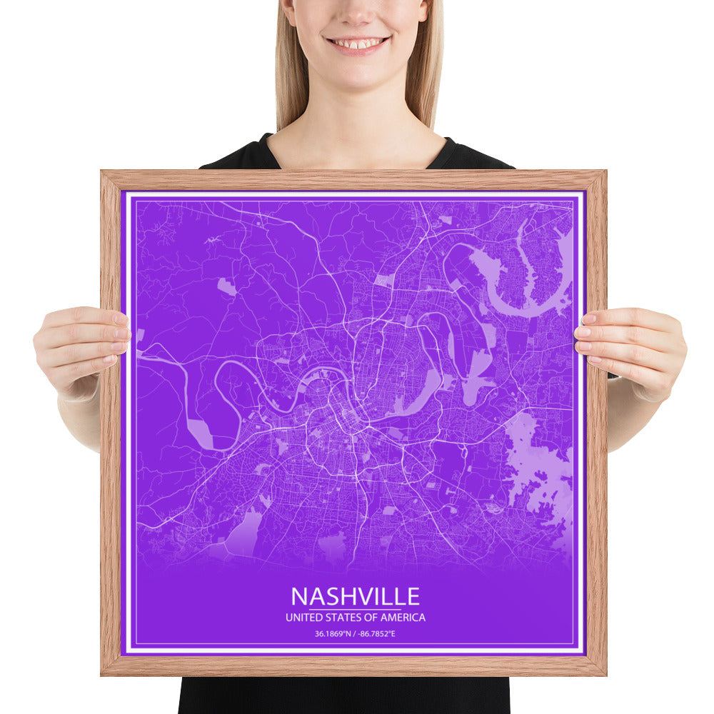 Nashville Purple and White Framed Map