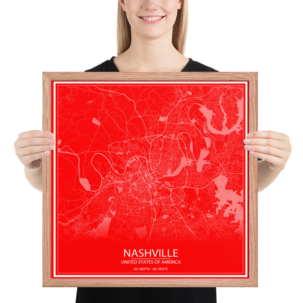 Nashville Red and White Framed Map