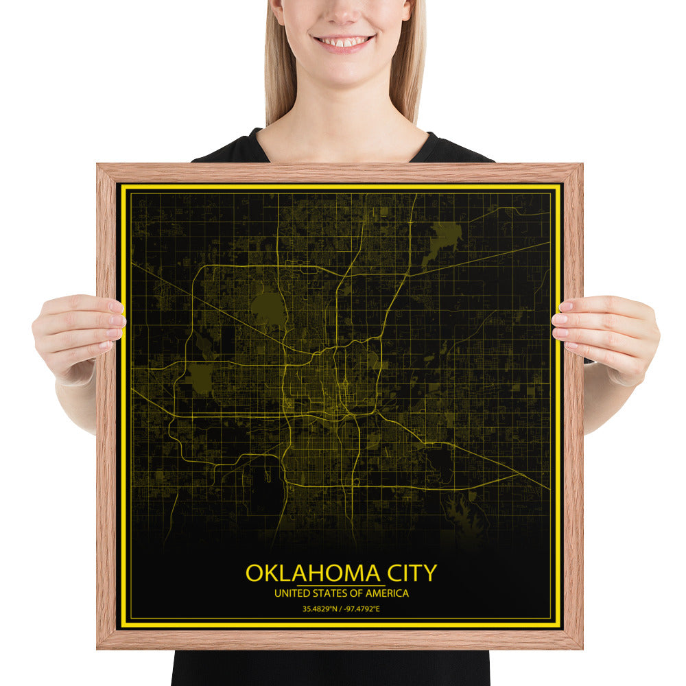 Oklahoma City Black and Yellow Framed Map