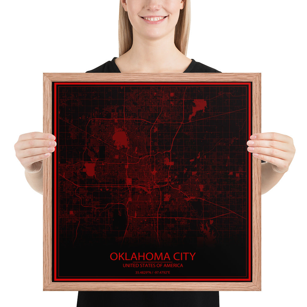 Oklahoma City Black and Red Framed Map