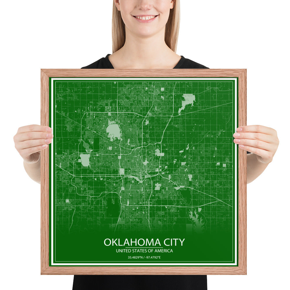 Oklahoma City Green and White Framed Map