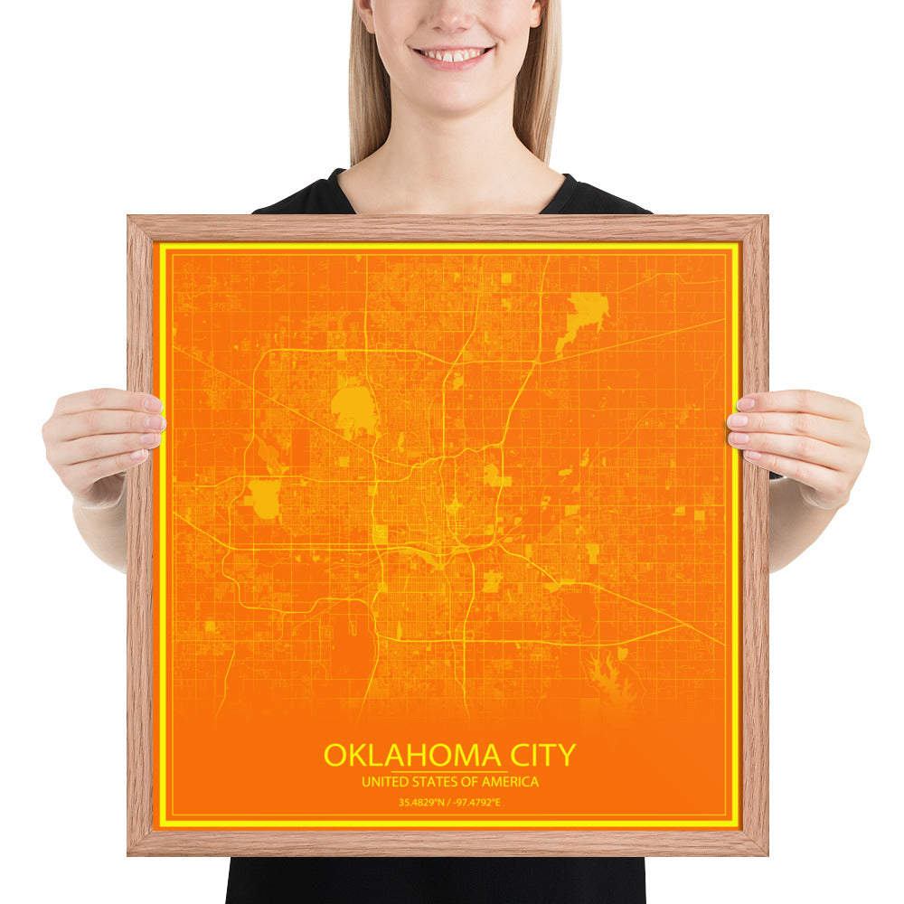 Oklahoma City Orange and Yellow Framed Map