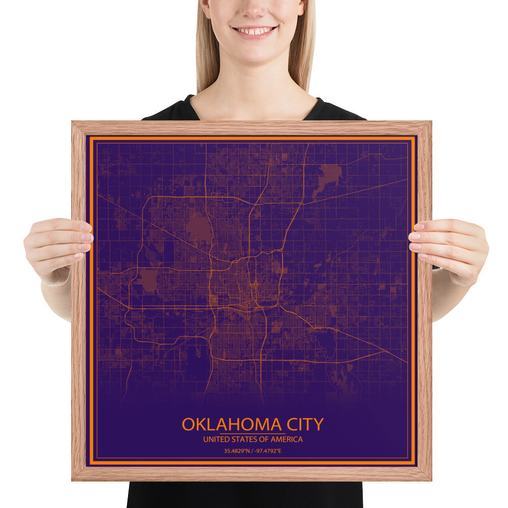 Oklahoma City Purple and Orange Framed Map