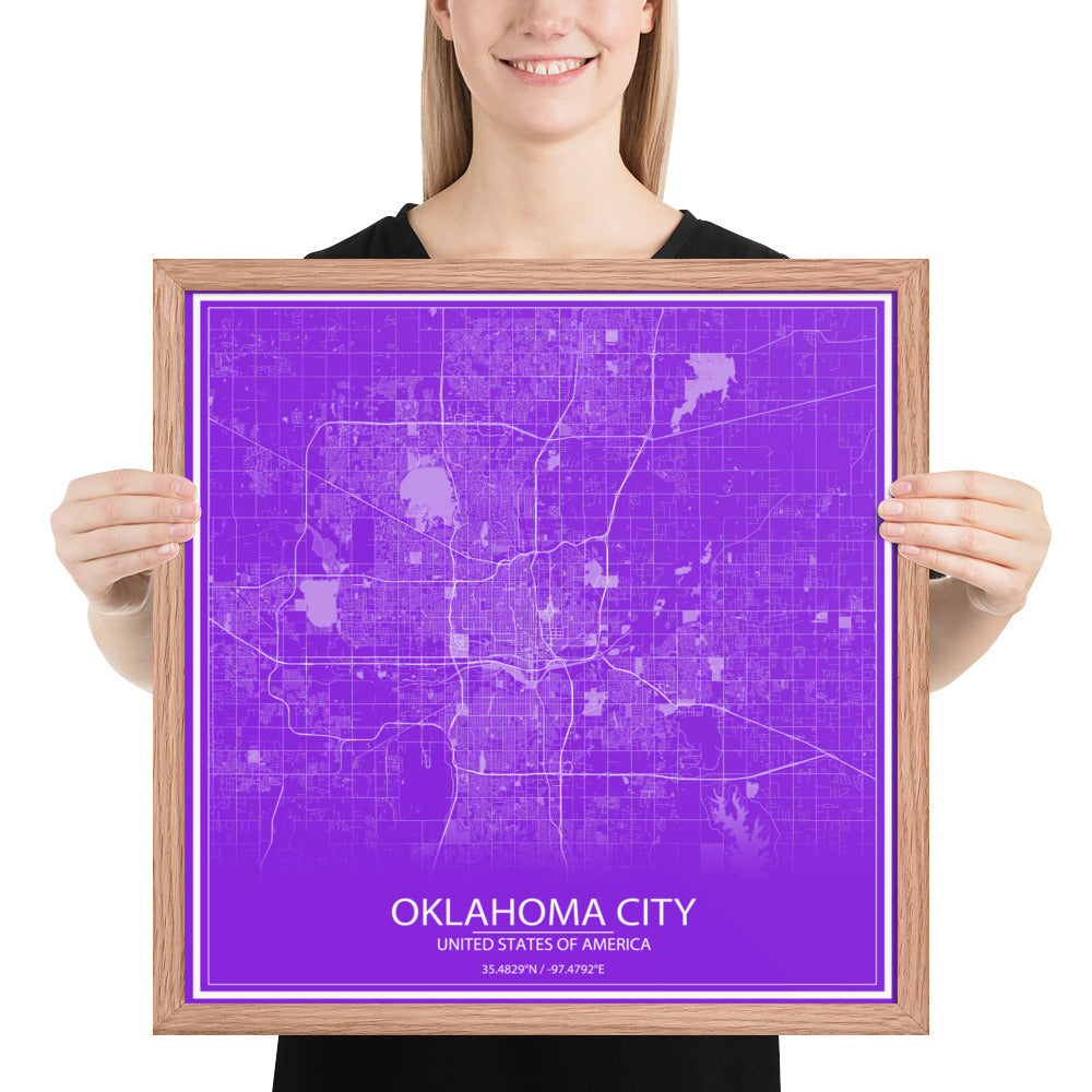 Oklahoma City Purple and White Framed Map