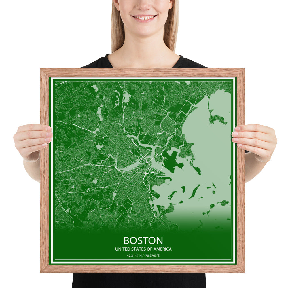 Boston Green and White Framed Map