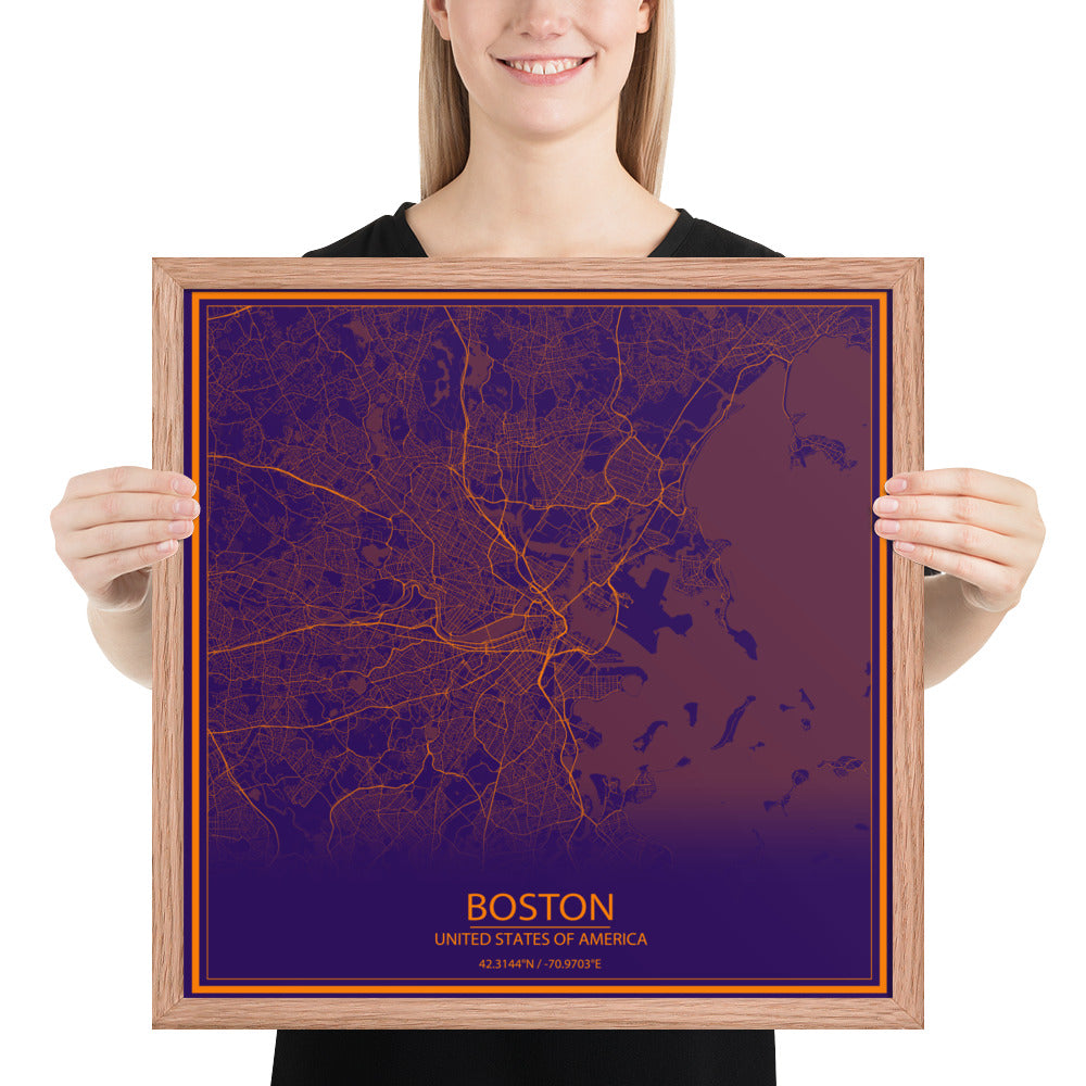 Boston Purple and Orange Framed Map