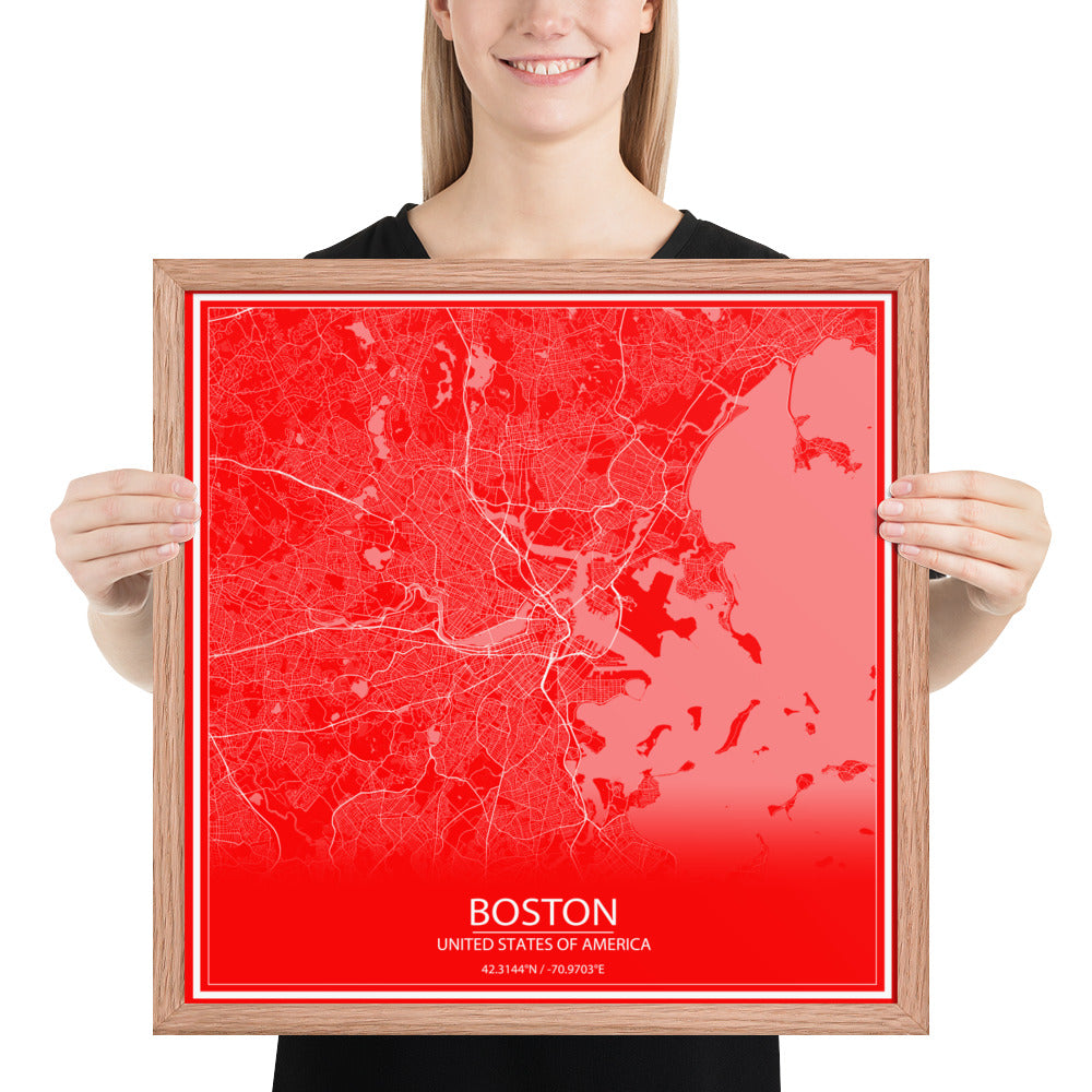 Boston Red and White Framed Map