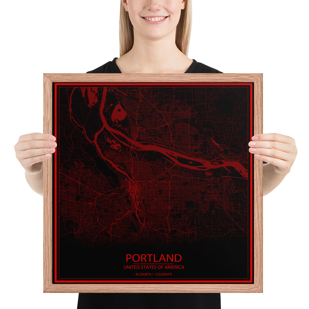 Portland Black and Red Framed Map